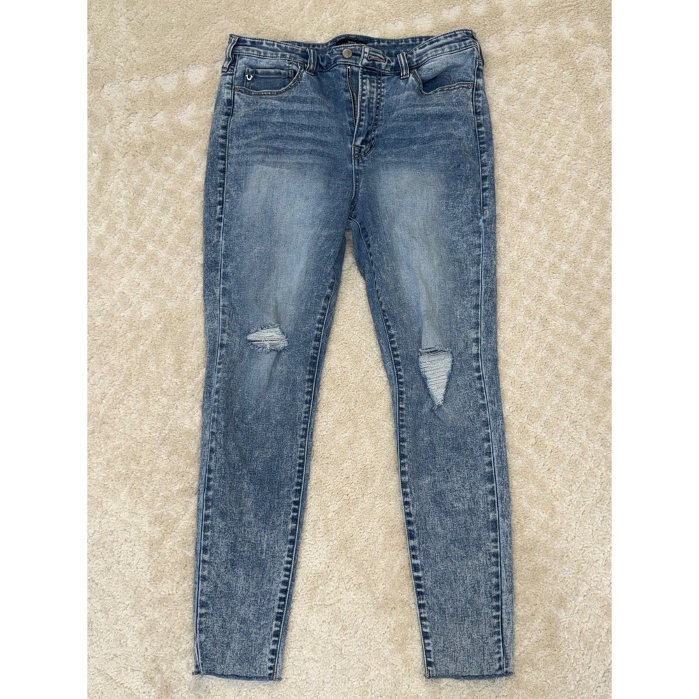 True Religion Halle High Rise Super Skinny Distressed Jeans Acid Wash Blue 33